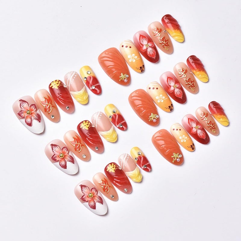 SEENEEY Fall Medium Press on Nails Almond Maple Leaves and Red Floral Stick on Nail for Women 30pcs - Image 2